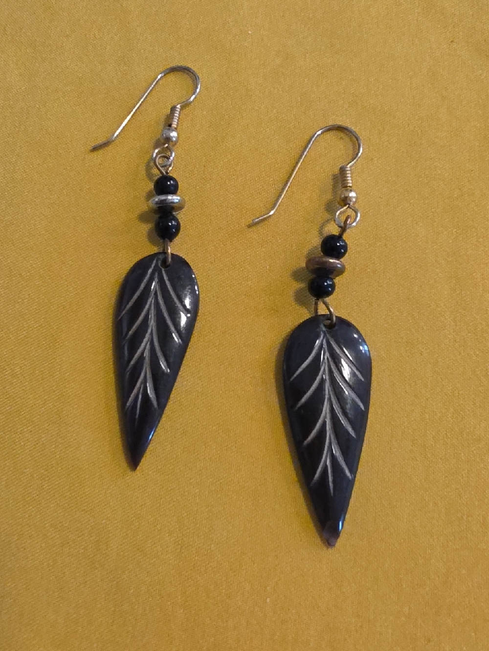 Vintage African Batik Style Leaf Earrings w/French Hooks- Upcycled Bone or Horn